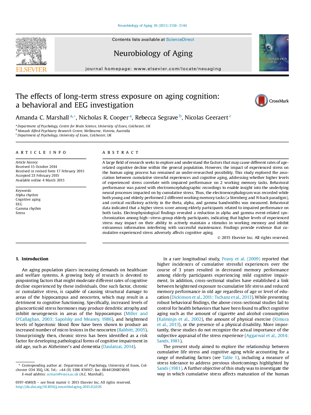 The effects of long-term stress exposure on aging cognition: aÂ behavioral and EEG investigation