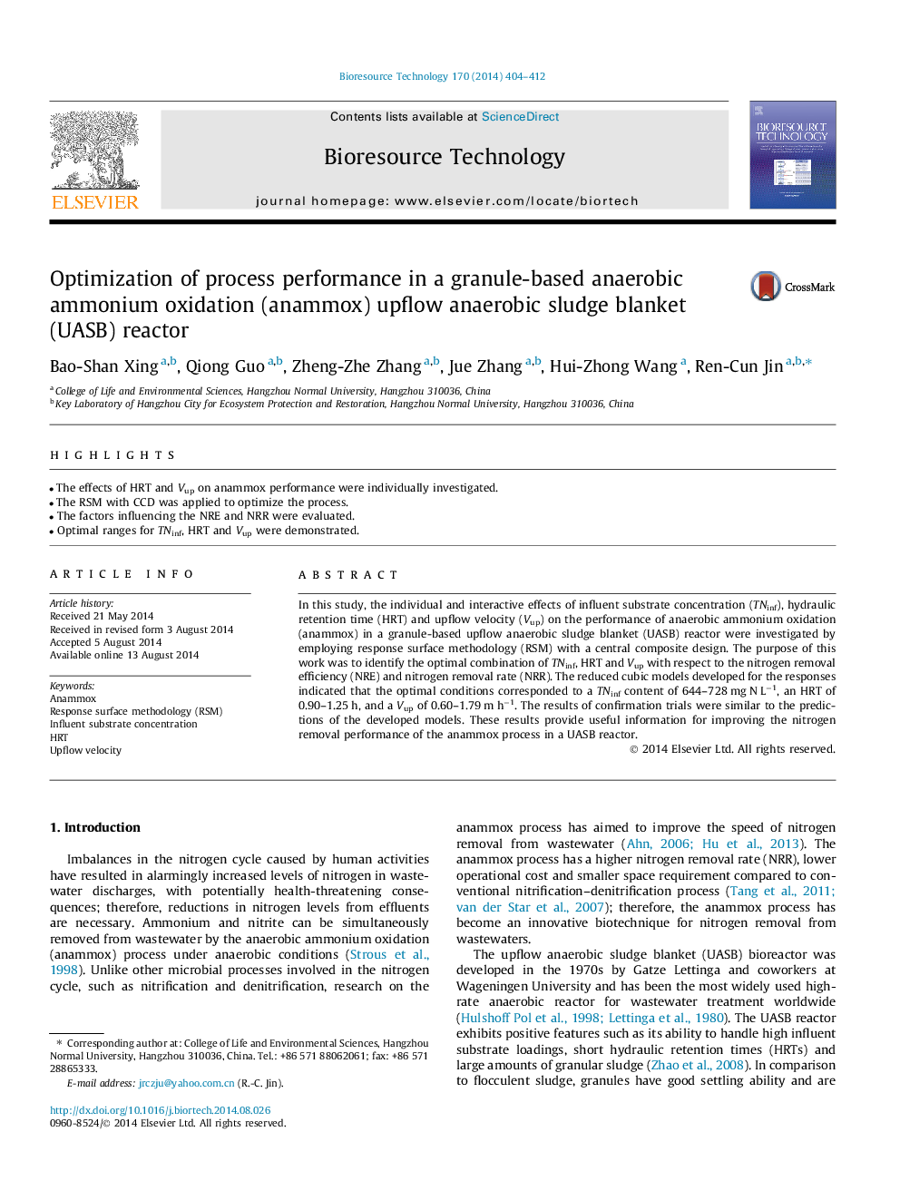 Optimization of process performance in a granule-based anaerobic ammonium oxidation (anammox) upflow anaerobic sludge blanket (UASB) reactor