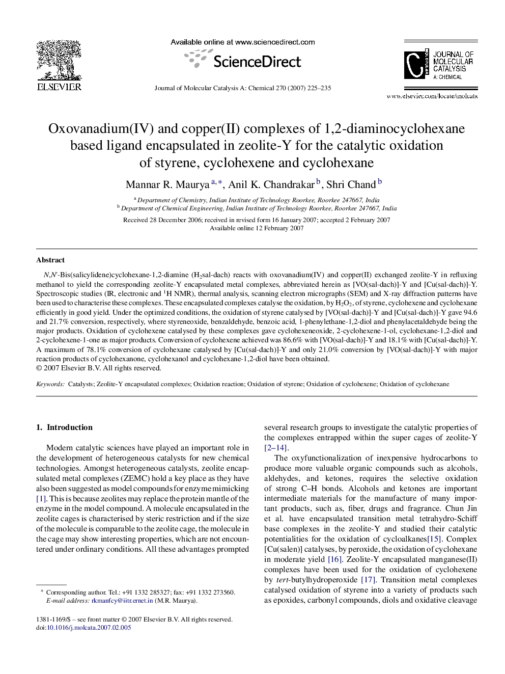 Oxovanadium(IV) and copper(II) complexes of 1,2-diaminocyclohexane based ligand encapsulated in zeolite-Y for the catalytic oxidation of styrene, cyclohexene and cyclohexane