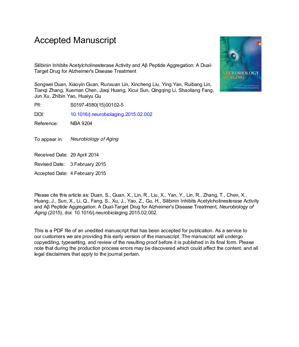 Silibinin inhibits acetylcholinesterase activity and amyloid Î² peptide aggregation: a dual-target drug for the treatment of Alzheimer's disease