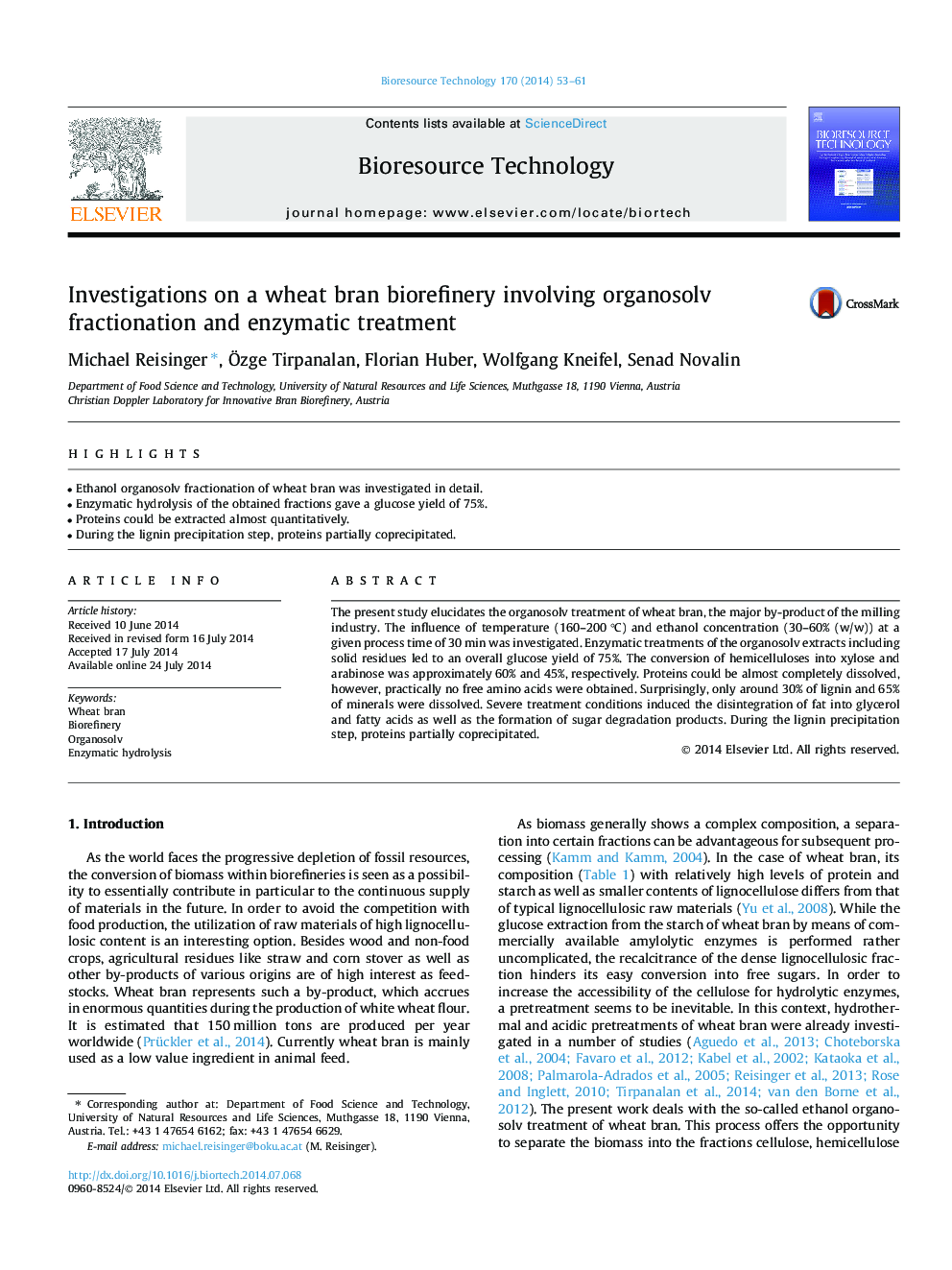 Investigations on a wheat bran biorefinery involving organosolv fractionation and enzymatic treatment