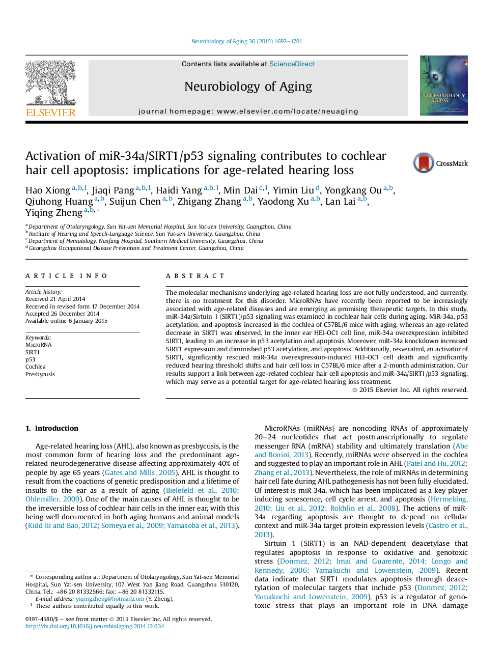 Activation of miR-34a/SIRT1/p53 signaling contributes to cochlear hair cell apoptosis: implications for age-related hearing loss