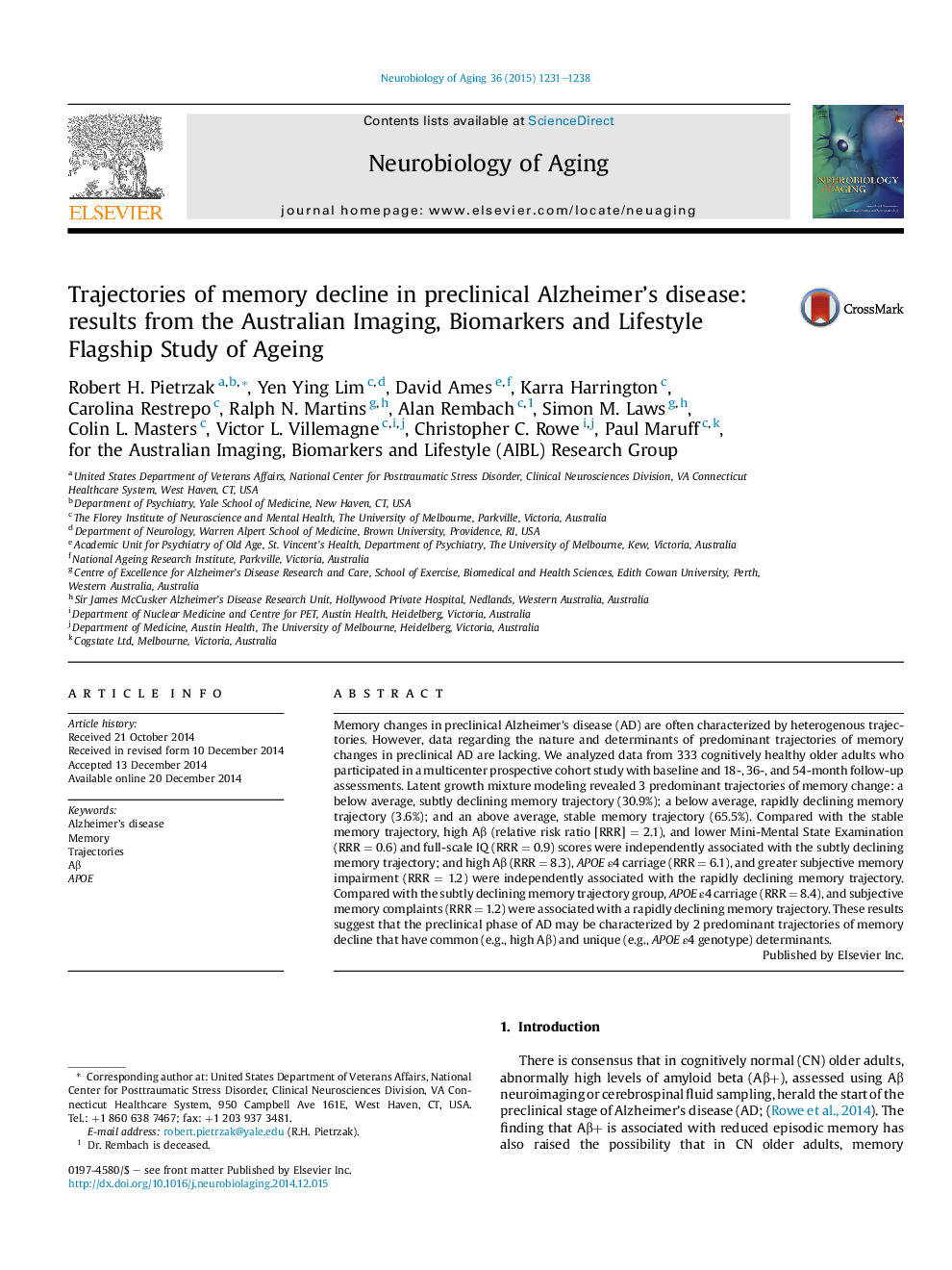 Trajectories of memory decline in preclinical Alzheimer's disease: results from the Australian Imaging, Biomarkers and Lifestyle Flagship Study of Ageing