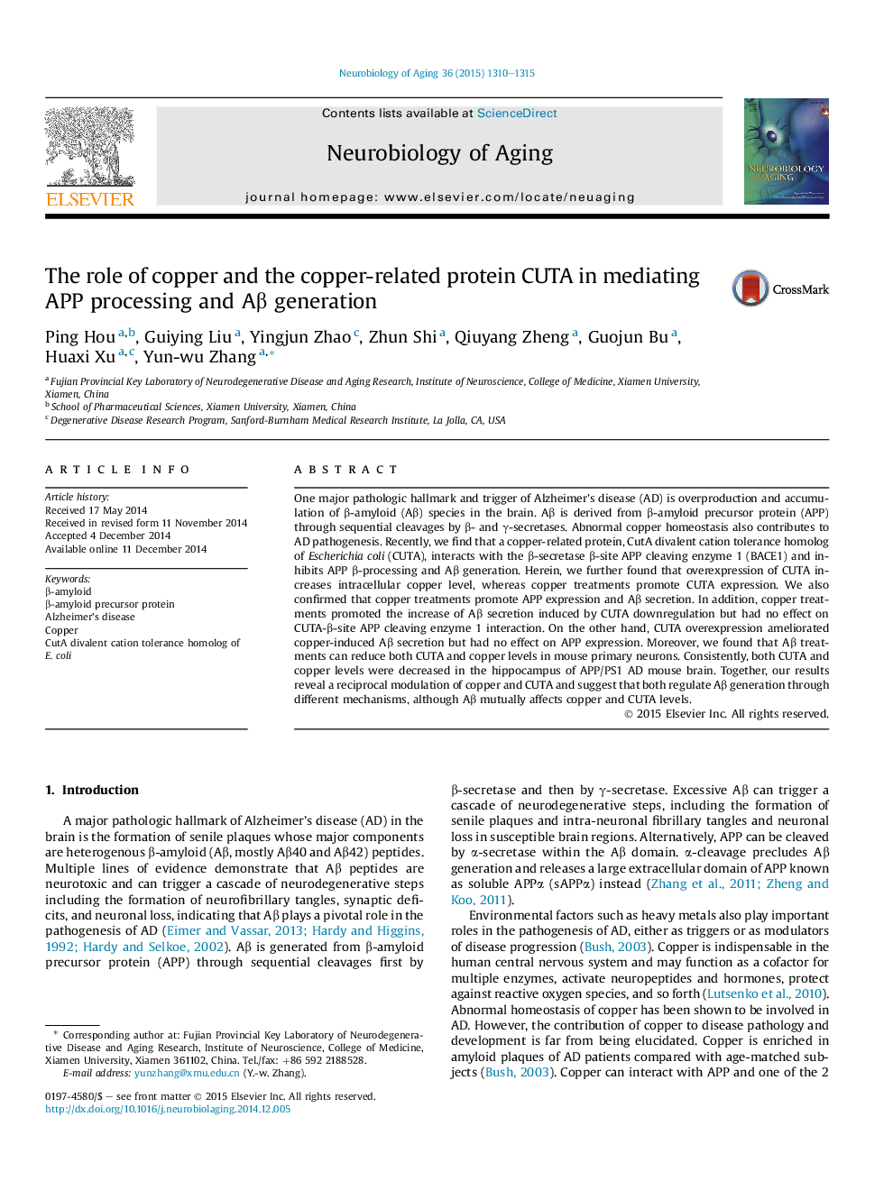 The role of copper and the copper-related protein CUTA in mediating APP processing and AÎ² generation