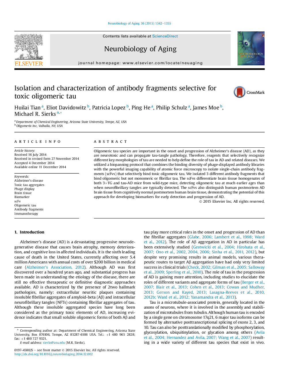 Isolation and characterization of antibody fragments selective for toxic oligomeric tau