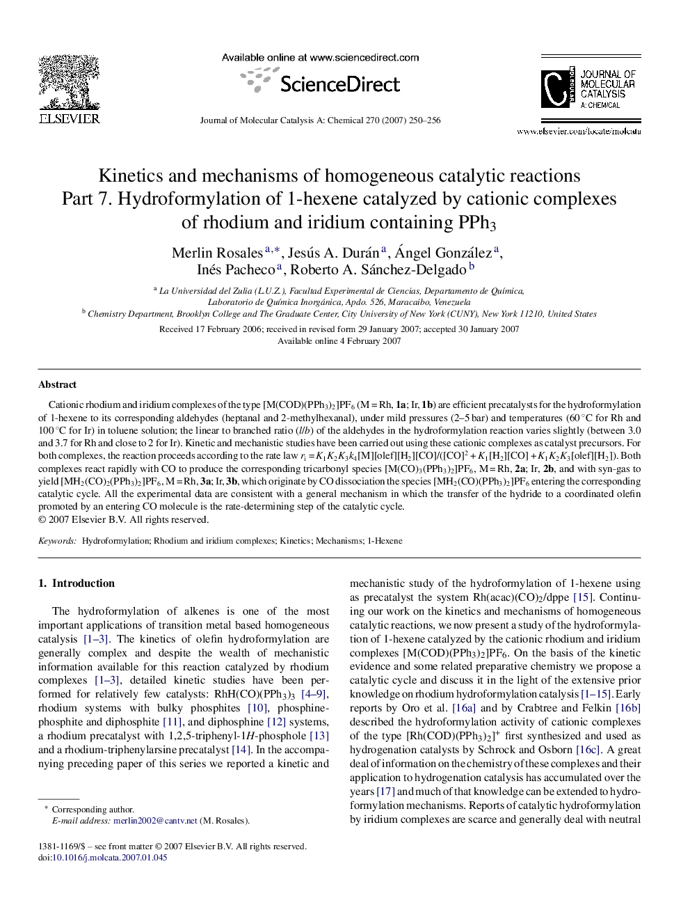 Kinetics and mechanisms of homogeneous catalytic reactions: Part 7. Hydroformylation of 1-hexene catalyzed by cationic complexes of rhodium and iridium containing PPh3