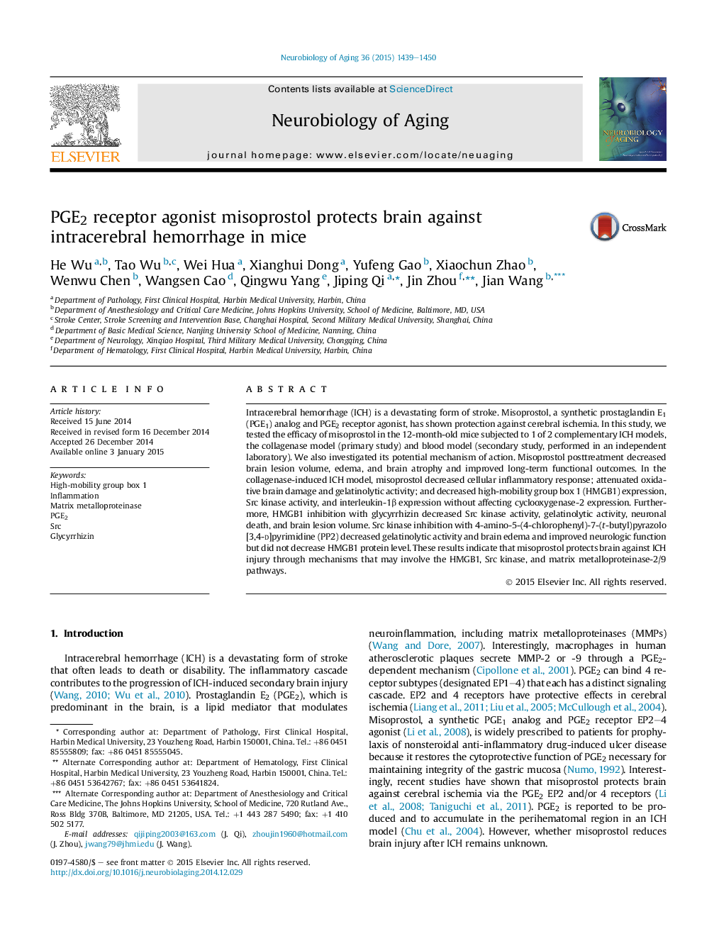 PGE2 receptor agonist misoprostol protects brain against intracerebral hemorrhage in mice