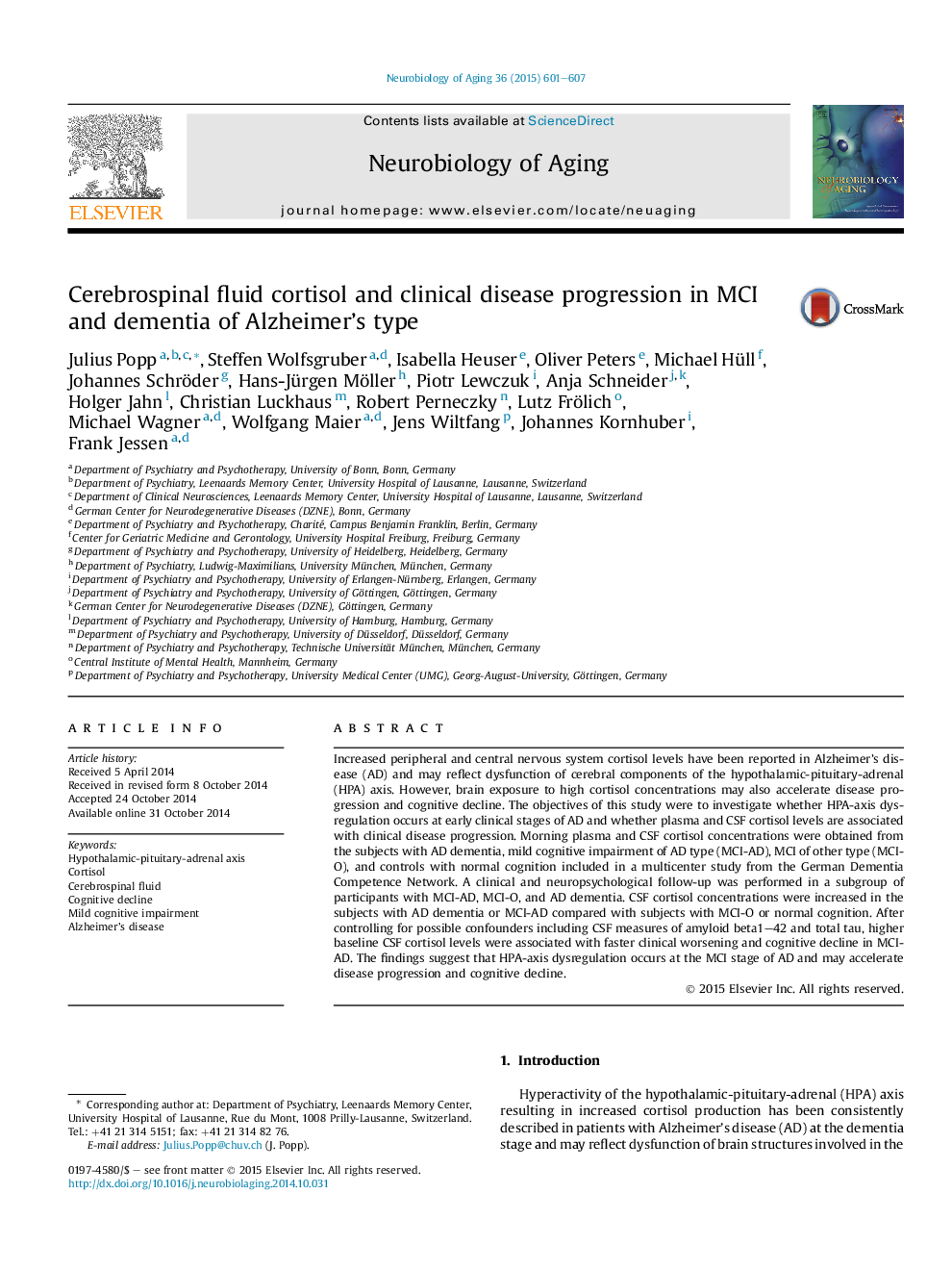 Cerebrospinal fluid cortisol and clinical disease progression in MCI and dementia of Alzheimer's type