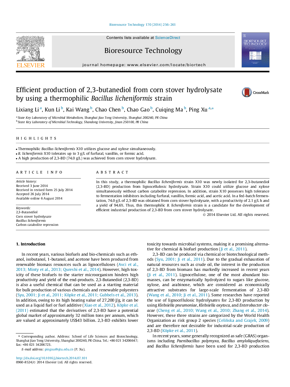 Efficient production of 2,3-butanediol from corn stover hydrolysate by using a thermophilic Bacillus licheniformis strain