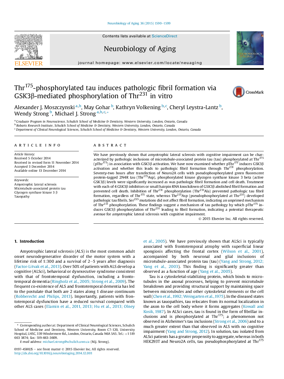 Thr175-phosphorylated tau induces pathologic fibril formation via GSK3Î²-mediated phosphorylation of Thr231 inÂ vitro