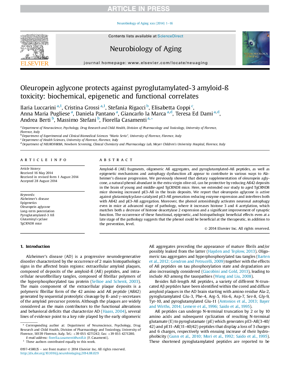 Oleuropein aglycone protects against pyroglutamylated-3 amyloid-Ã toxicity: biochemical, epigenetic and functional correlates