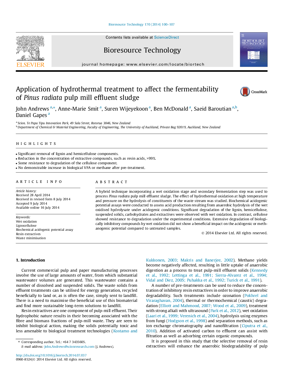 Application of hydrothermal treatment to affect the fermentability of Pinus radiata pulp mill effluent sludge