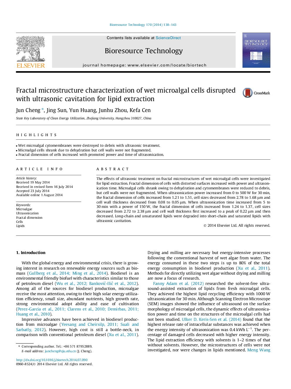 Fractal microstructure characterization of wet microalgal cells disrupted with ultrasonic cavitation for lipid extraction