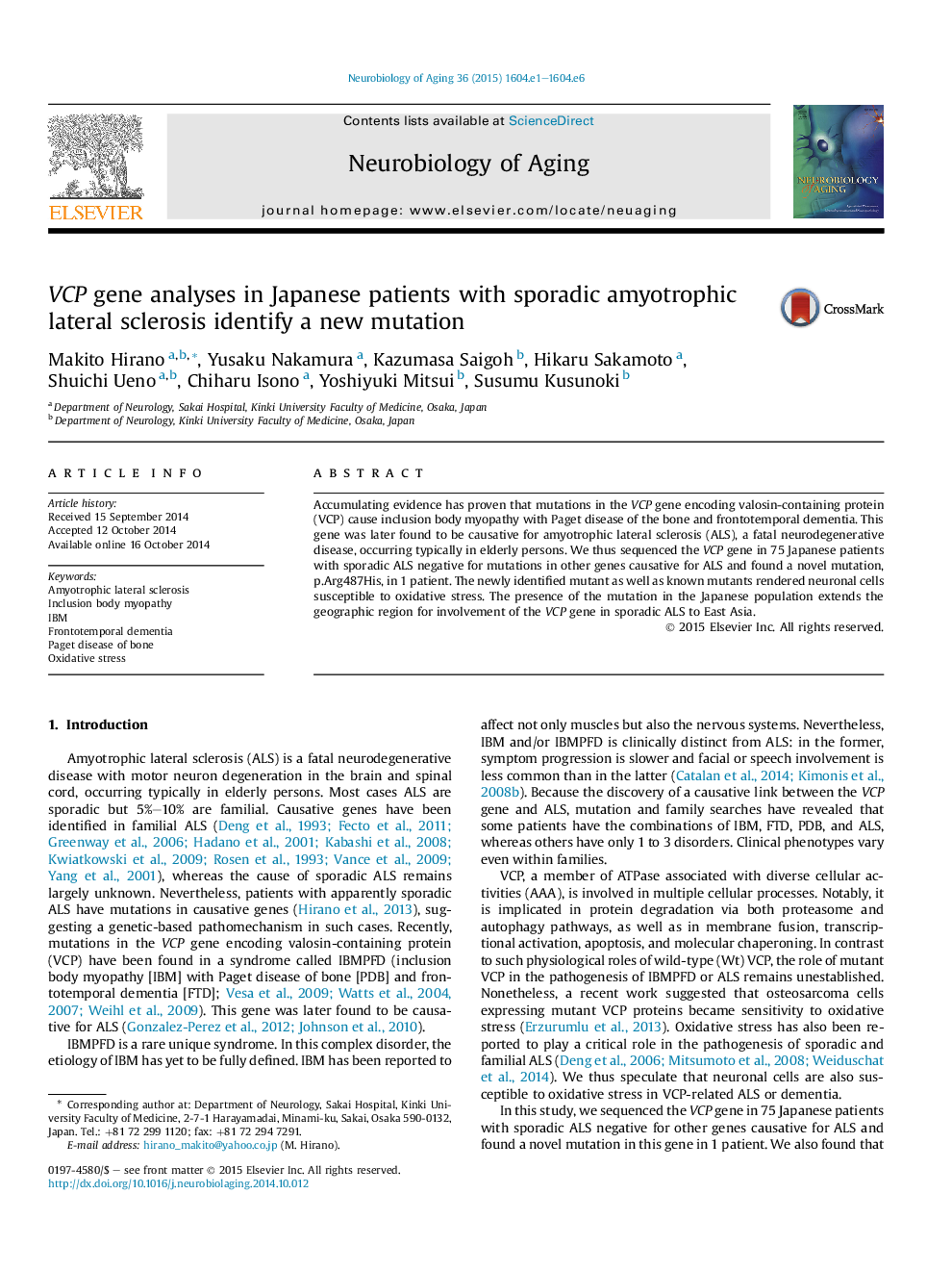 VCP gene analyses in Japanese patients with sporadic amyotrophic lateral sclerosis identify a new mutation