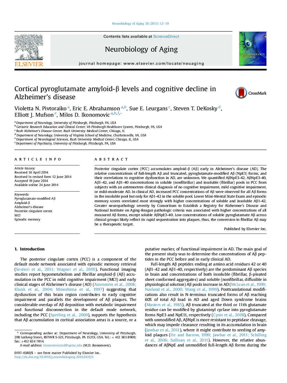 Cortical pyroglutamate amyloid-Î² levels and cognitive decline in Alzheimer's disease