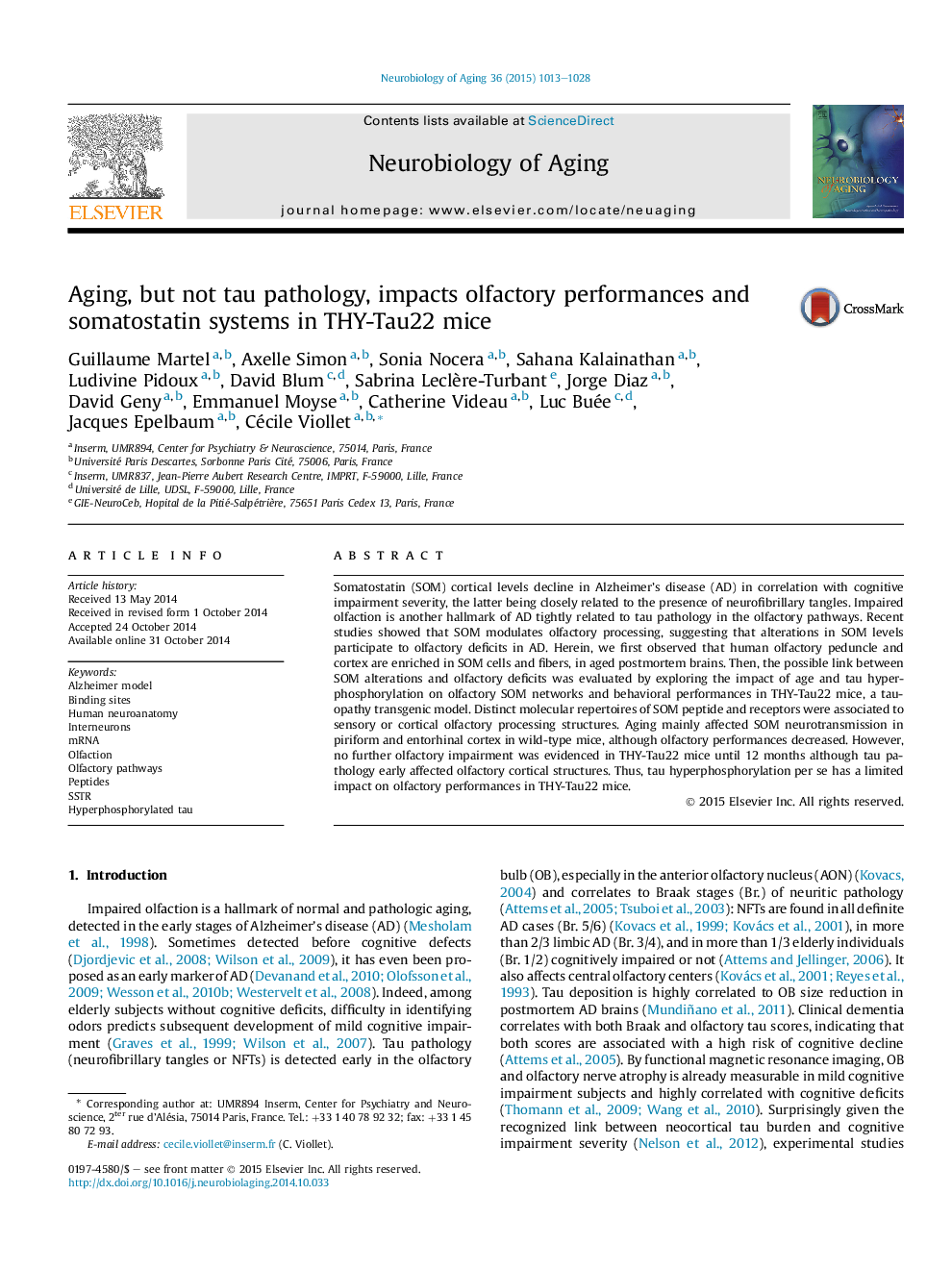 Aging, but not tau pathology, impacts olfactory performances and somatostatin systems in THY-Tau22 mice