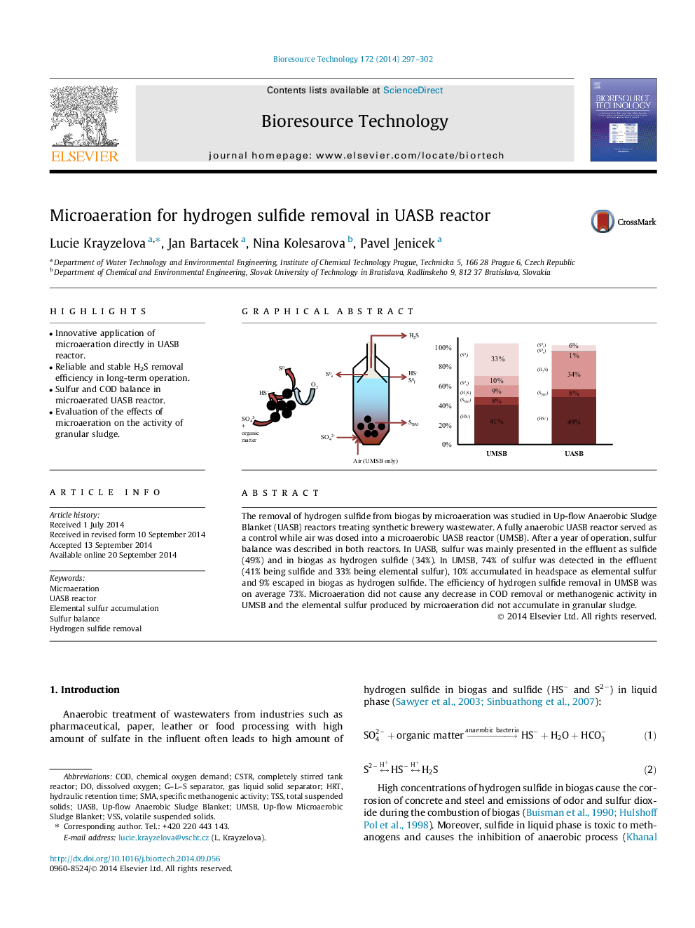 Microaeration for hydrogen sulfide removal in UASB reactor