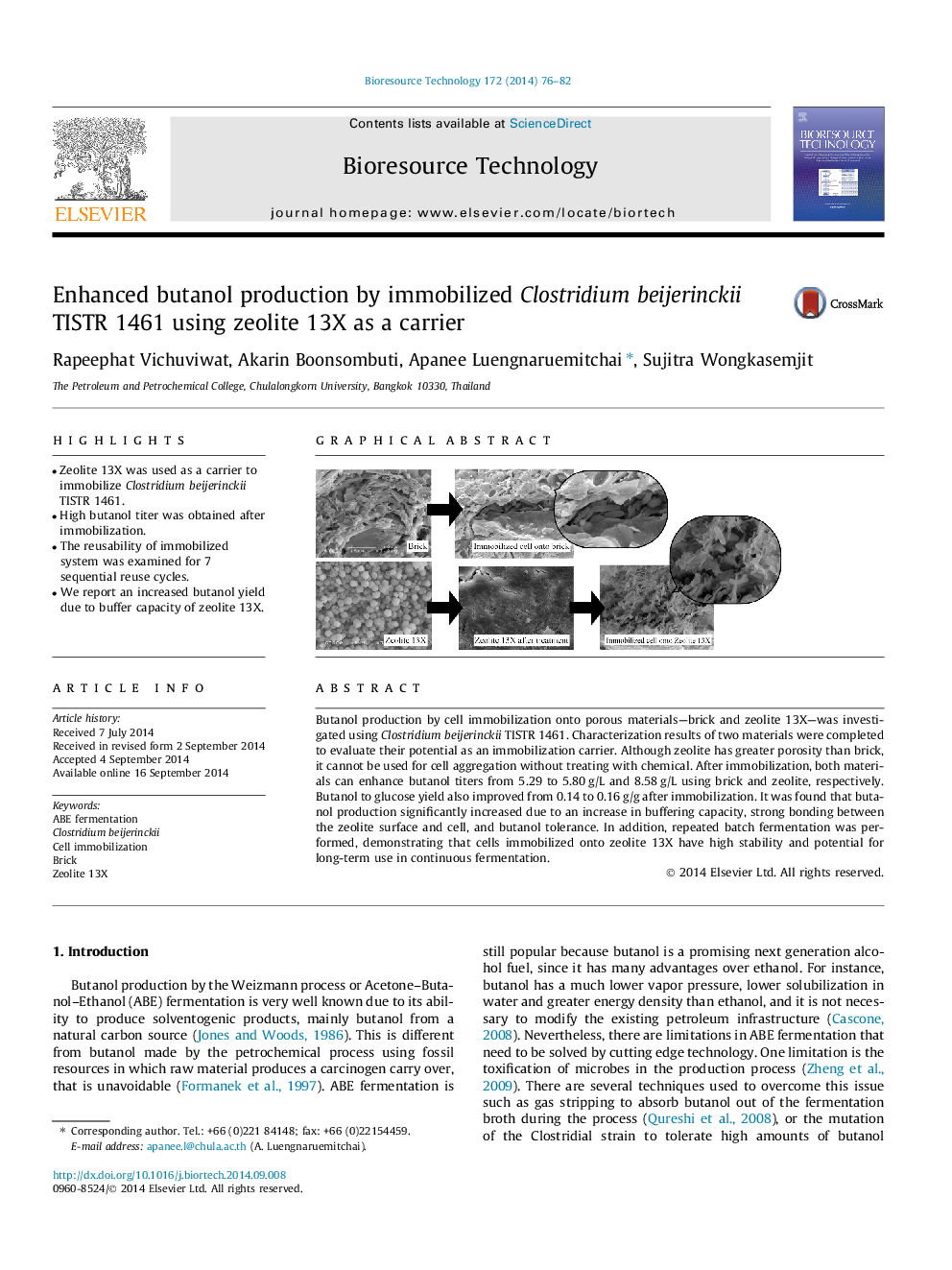 Enhanced butanol production by immobilized Clostridium beijerinckii TISTR 1461 using zeolite 13X as a carrier