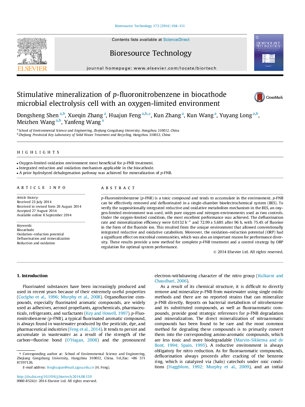 Stimulative mineralization of p-fluoronitrobenzene in biocathode microbial electrolysis cell with an oxygen-limited environment