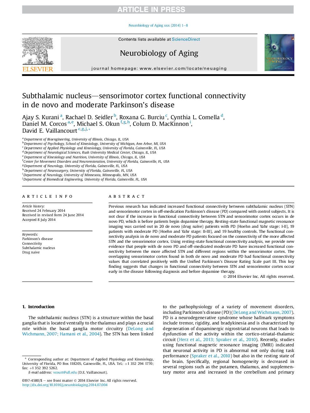 Subthalamic nucleus-sensorimotor cortex functional connectivity in de novo and moderate Parkinson's disease