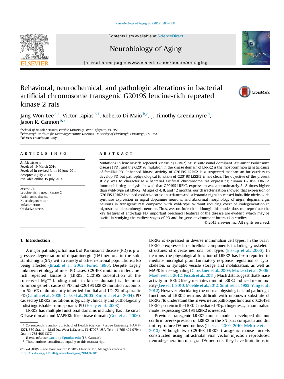 Behavioral, neurochemical, and pathologic alterations in bacterial artificial chromosome transgenic G2019S leucine-rich repeated kinase 2 rats