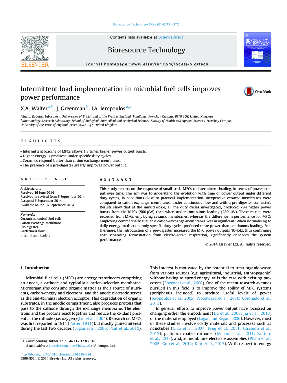 Intermittent load implementation in microbial fuel cells improves power performance