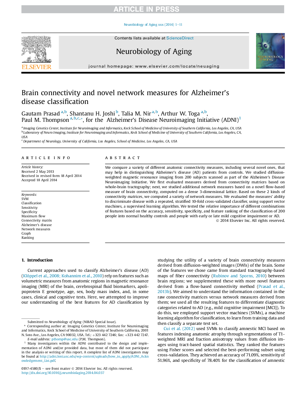 Brain connectivity and novel network measures for Alzheimer's disease classification