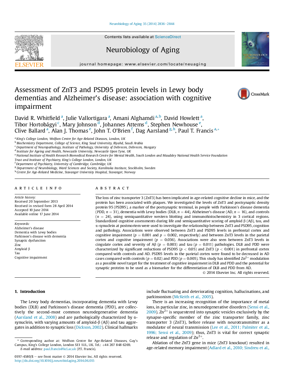 Assessment of ZnT3 and PSD95 protein levels in Lewy body dementias and Alzheimer's disease: association with cognitive impairment