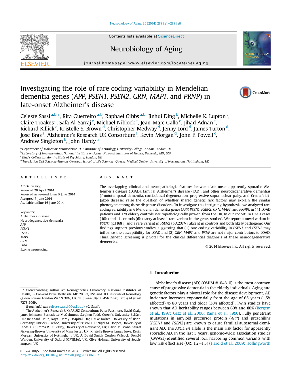 Investigating the role of rare coding variability in Mendelian dementia genes (APP, PSEN1, PSEN2, GRN, MAPT, and PRNP) in late-onset Alzheimer's disease