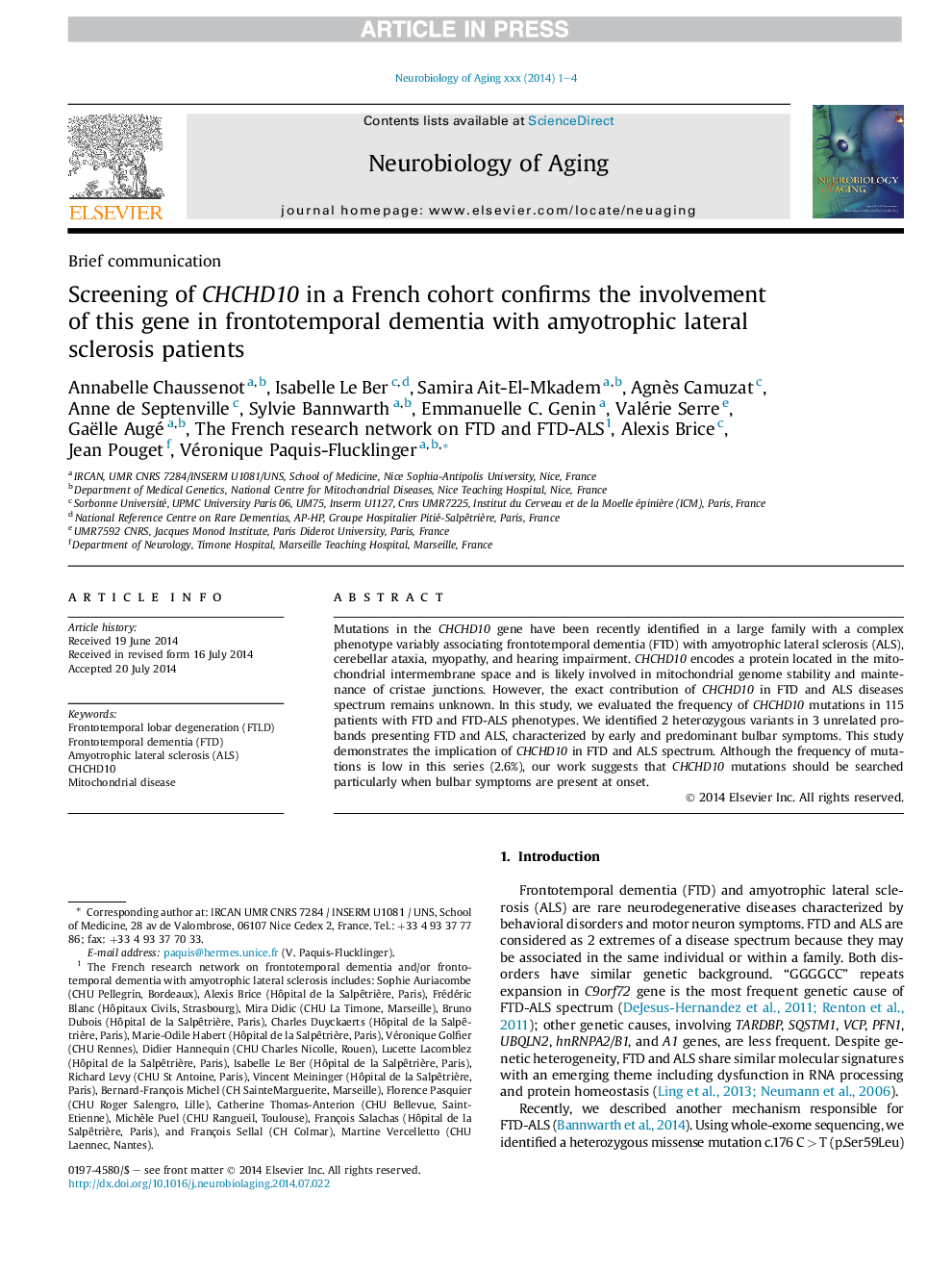 Screening of CHCHD10 in a French cohort confirms the involvement of this gene in frontotemporal dementia with amyotrophic lateral sclerosis patients