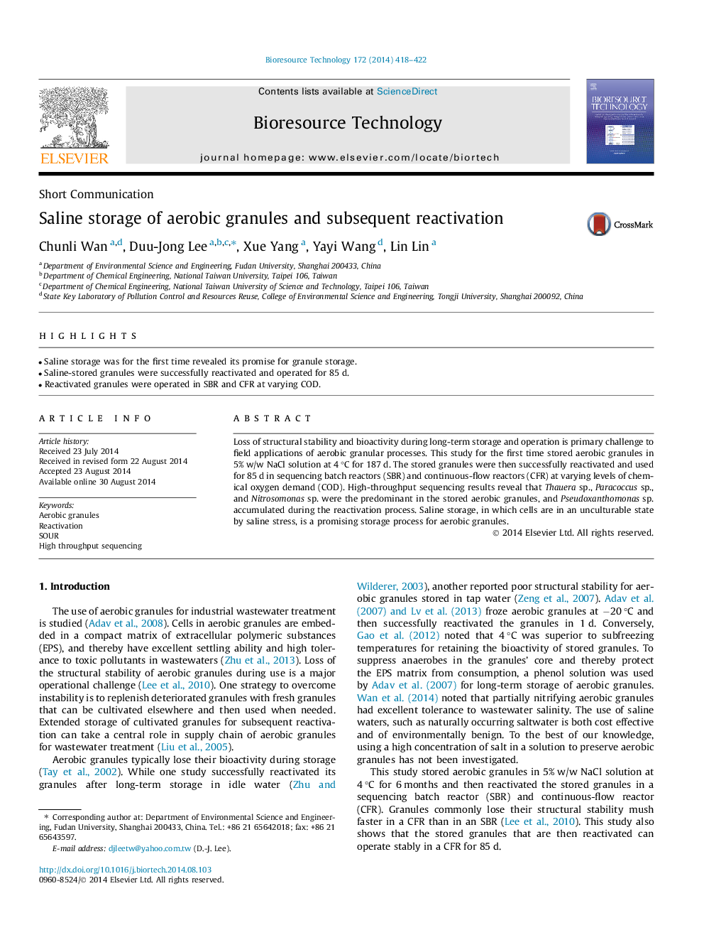 Saline storage of aerobic granules and subsequent reactivation