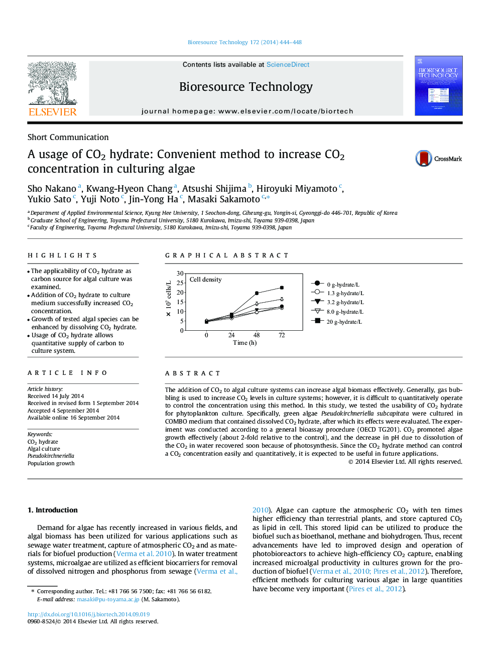 A usage of CO2 hydrate: Convenient method to increase CO2 concentration in culturing algae