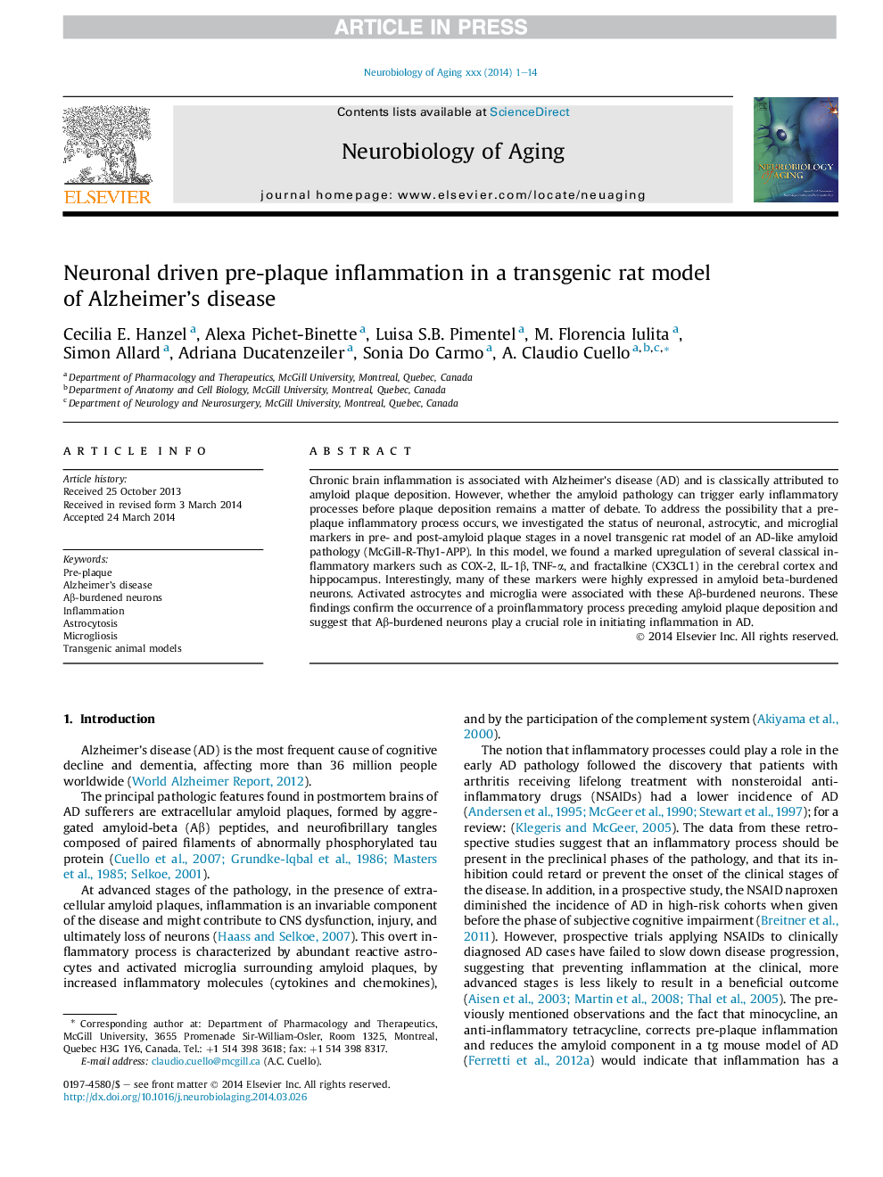 Neuronal driven pre-plaque inflammation in a transgenic rat model of Alzheimer's disease