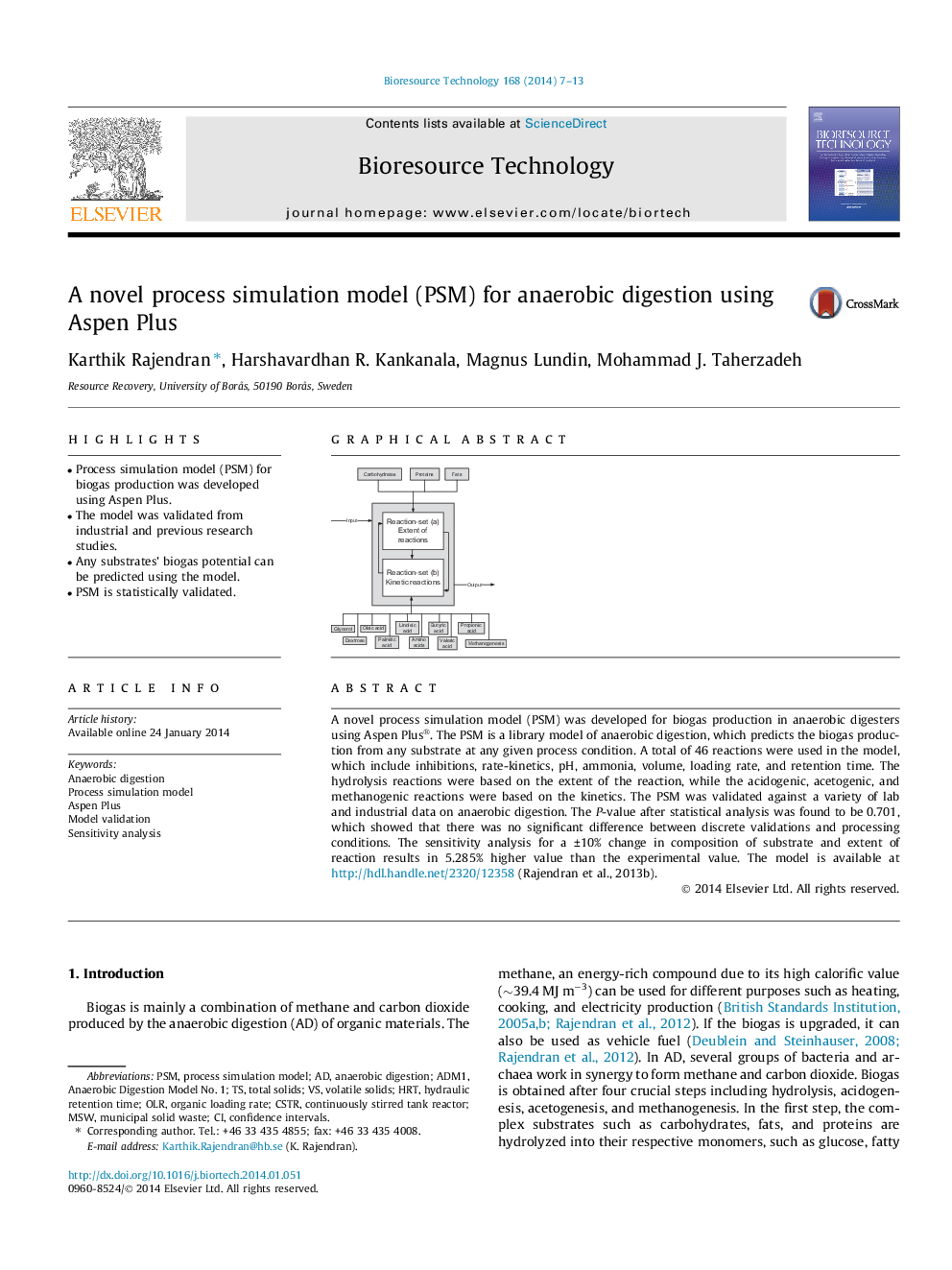 A novel process simulation model (PSM) for anaerobic digestion using Aspen Plus