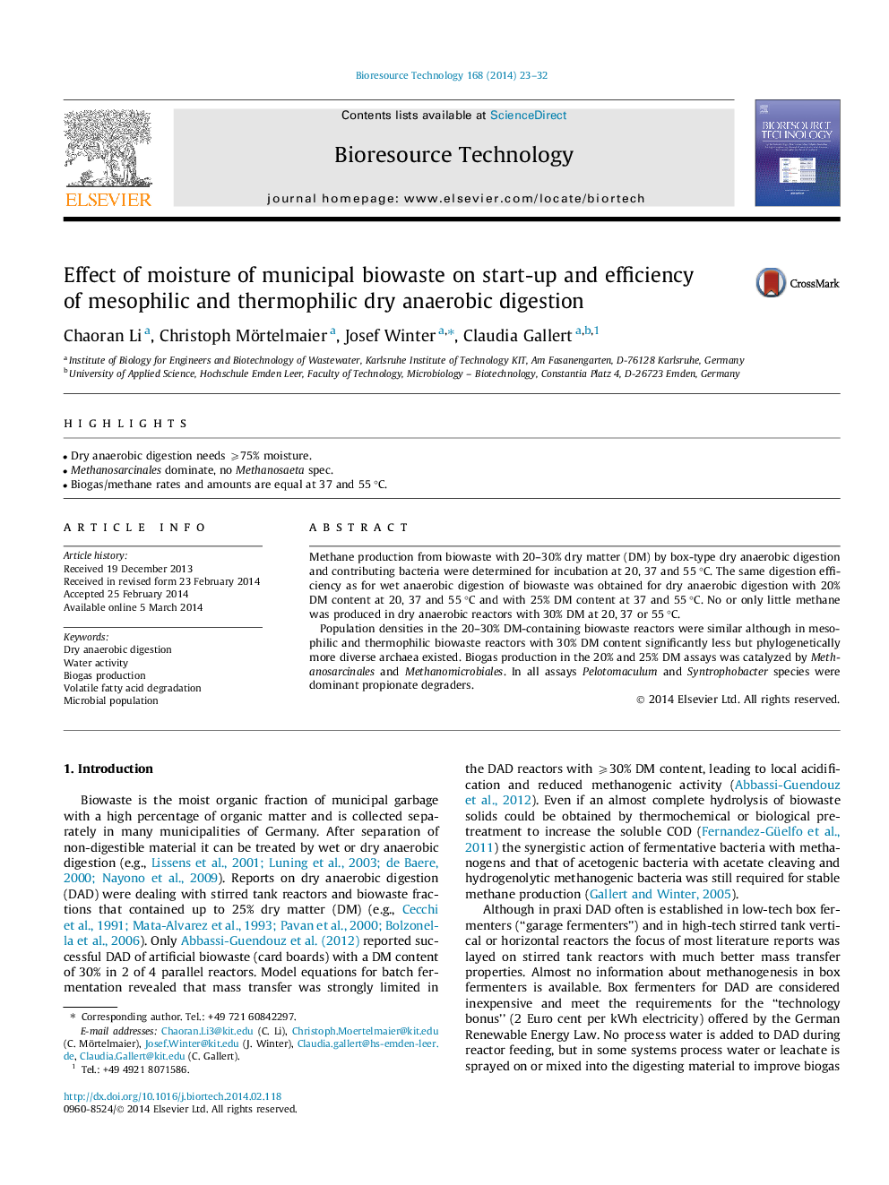 Effect of moisture of municipal biowaste on start-up and efficiency of mesophilic and thermophilic dry anaerobic digestion