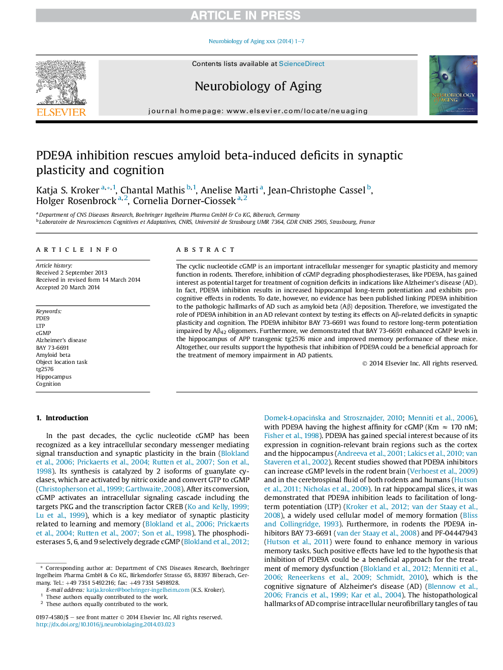 PDE9A inhibition rescues amyloid beta-induced deficits in synaptic plasticity and cognition