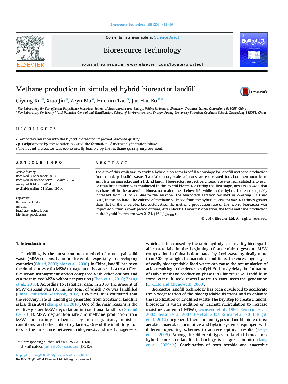 Methane production in simulated hybrid bioreactor landfill