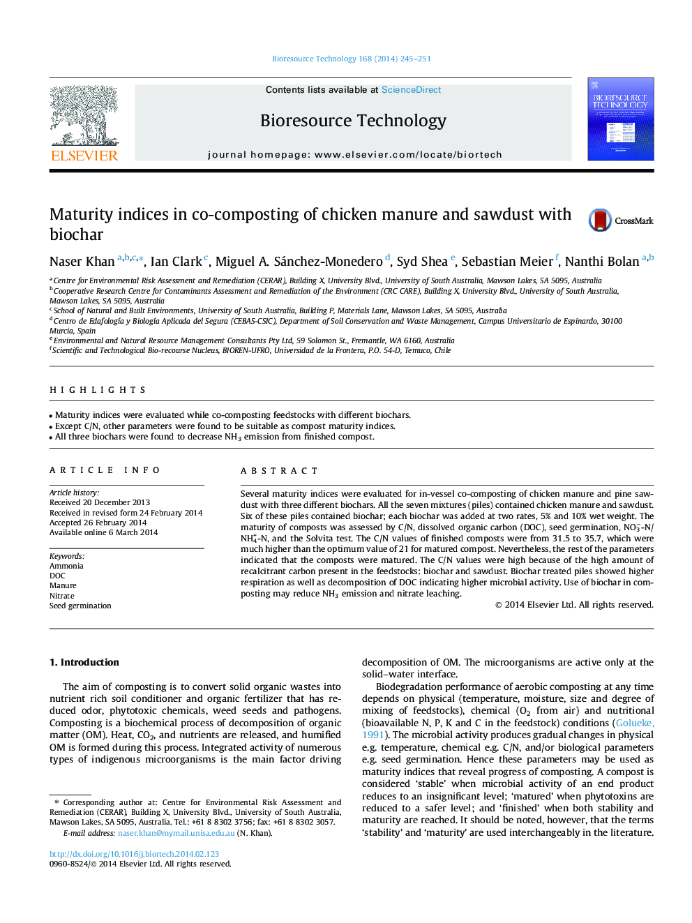 Maturity indices in co-composting of chicken manure and sawdust with biochar