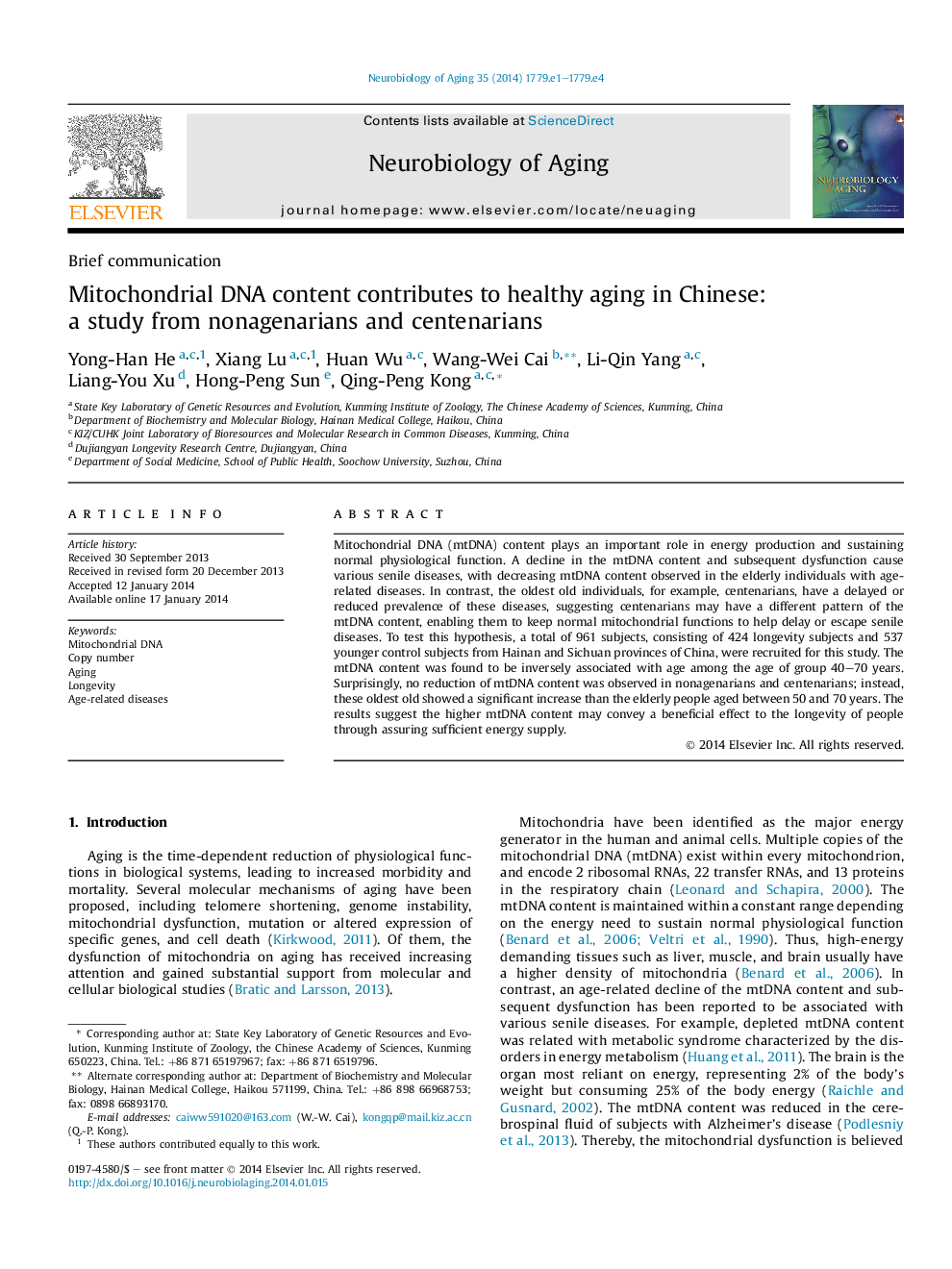 Mitochondrial DNA content contributes to healthy aging in Chinese: a study from nonagenarians and centenarians