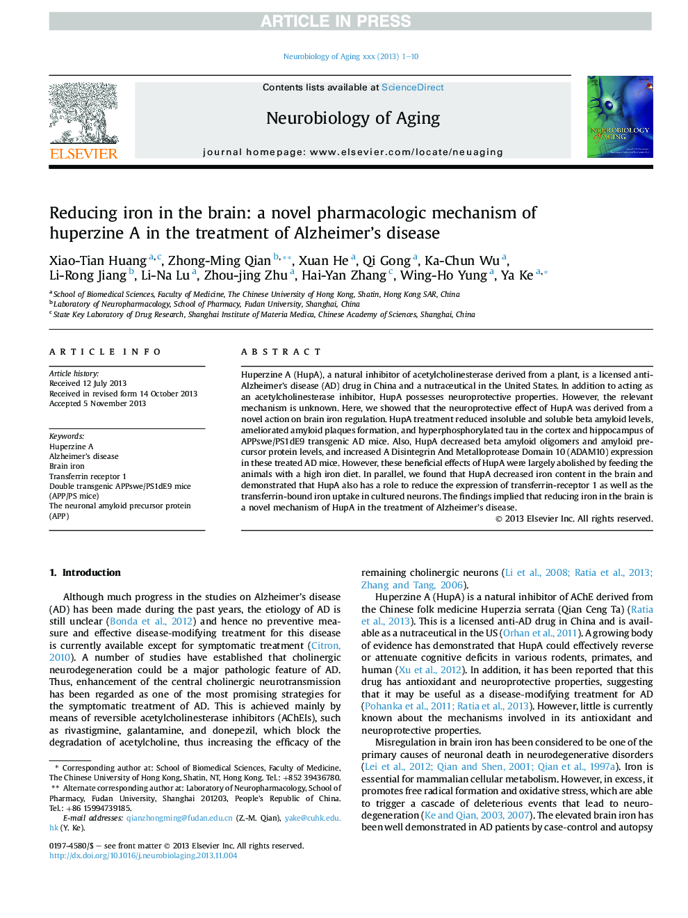 Reducing iron in the brain: a novel pharmacologic mechanism of huperzine A in the treatment of Alzheimer's disease