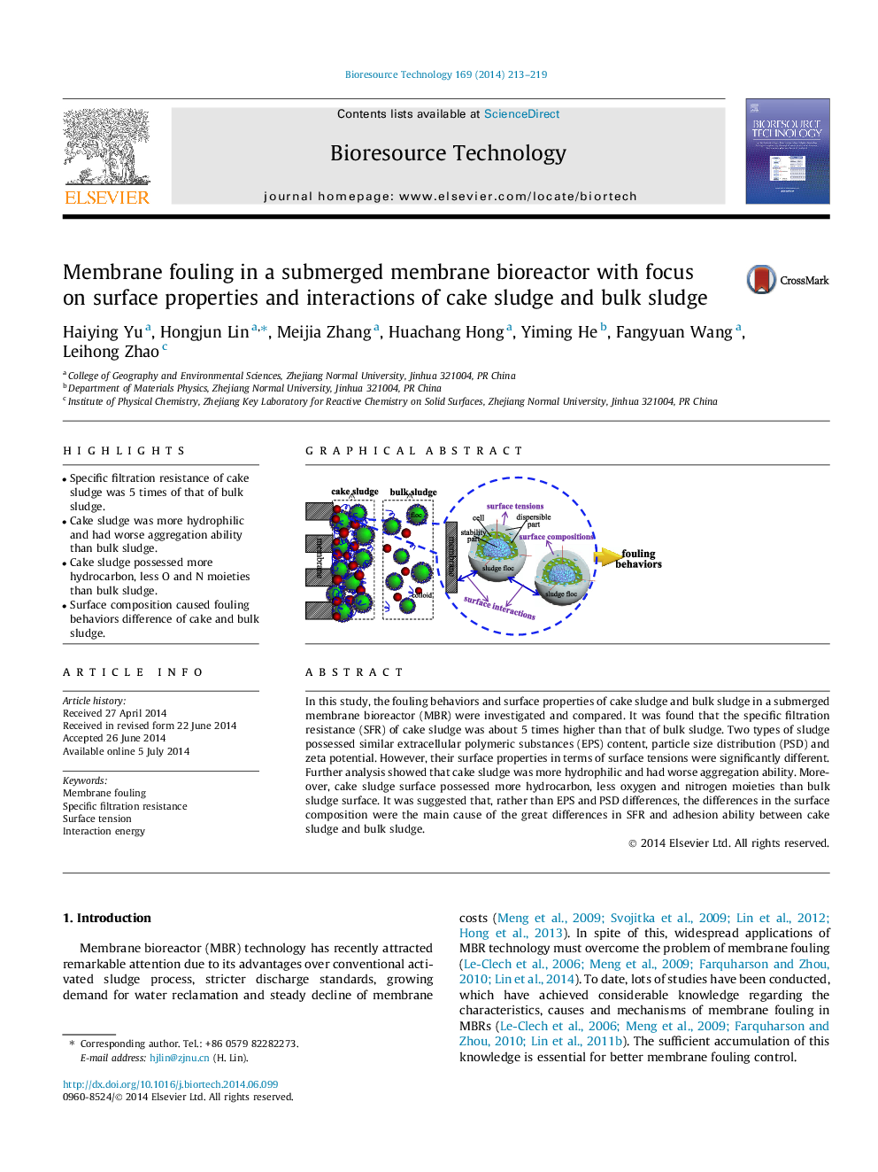 Membrane fouling in a submerged membrane bioreactor with focus on surface properties and interactions of cake sludge and bulk sludge