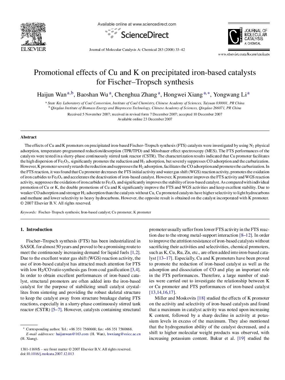 Promotional effects of Cu and K on precipitated iron-based catalysts for Fischer–Tropsch synthesis