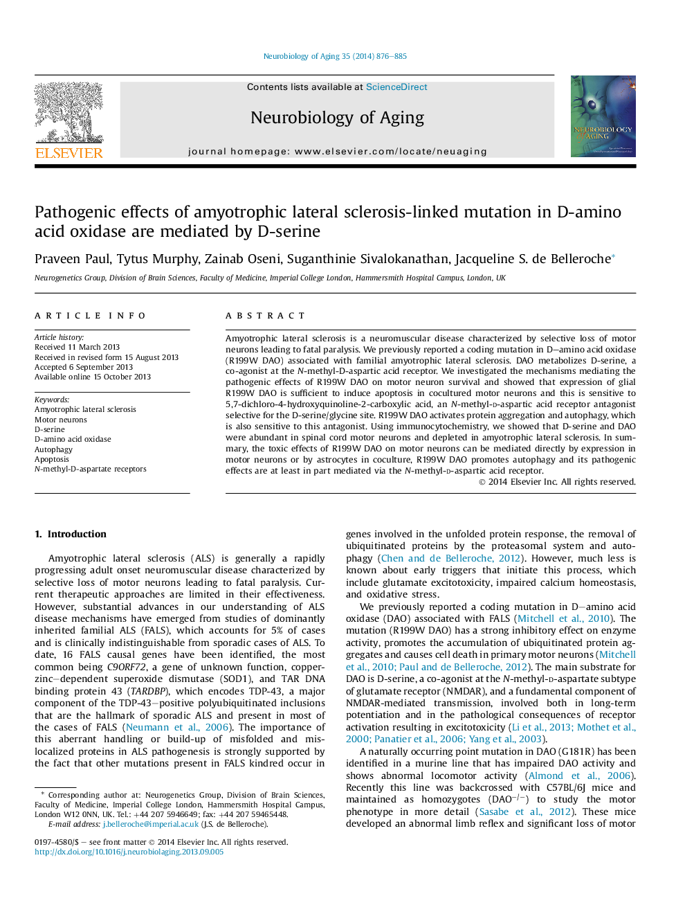 Pathogenic effects of amyotrophic lateral sclerosis-linked mutation in D-amino acid oxidase are mediated by D-serine