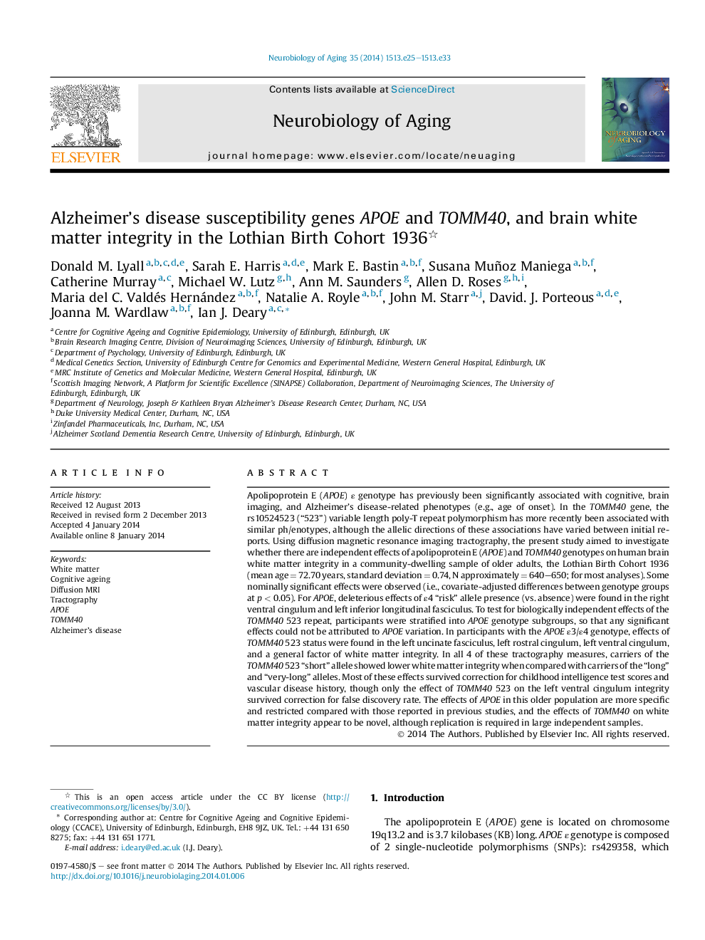 Alzheimer's disease susceptibility genes APOE and TOMM40, and brain white matter integrity in the Lothian Birth Cohort 1936