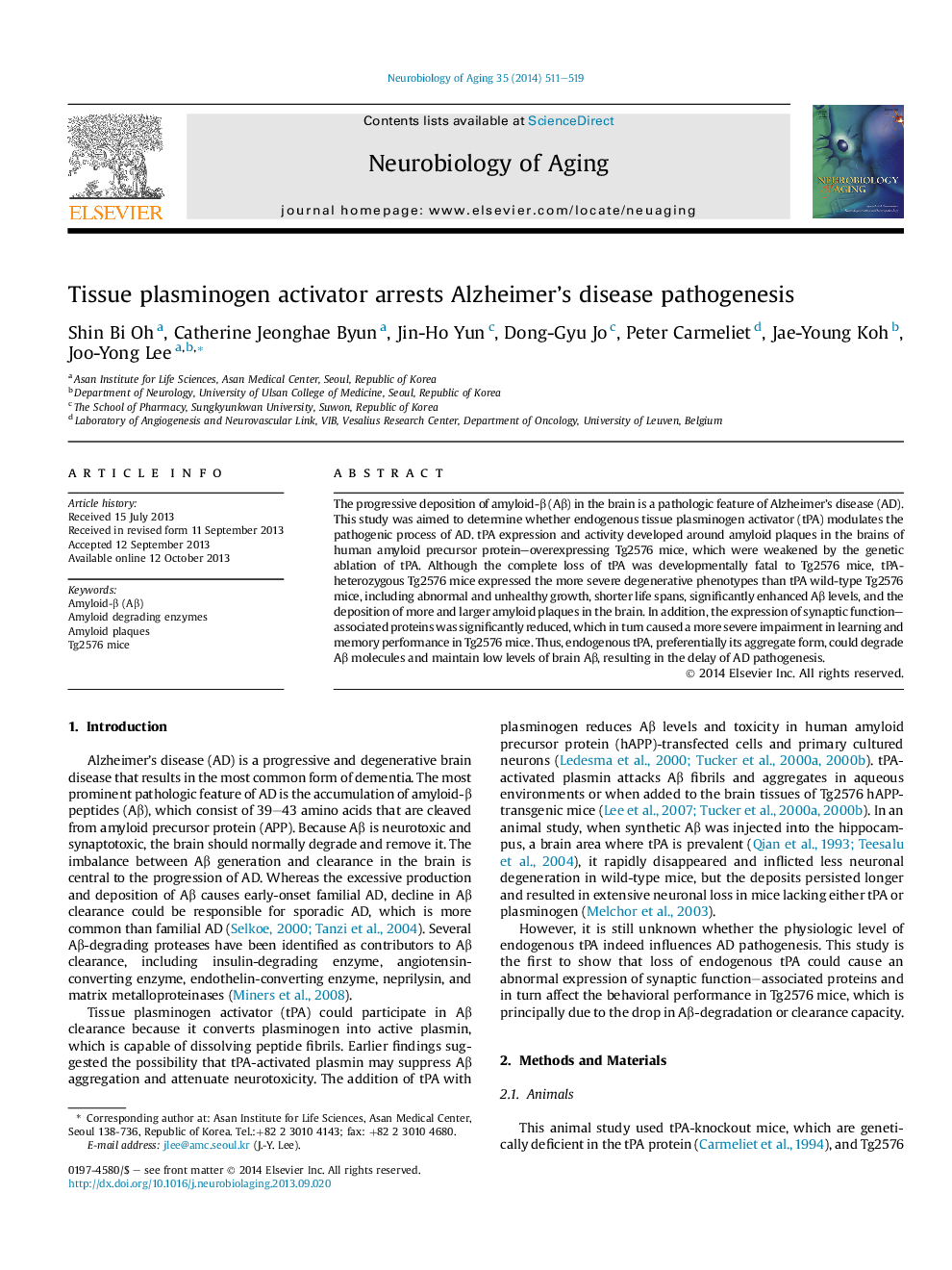 Tissue plasminogen activator arrests Alzheimer's disease pathogenesis