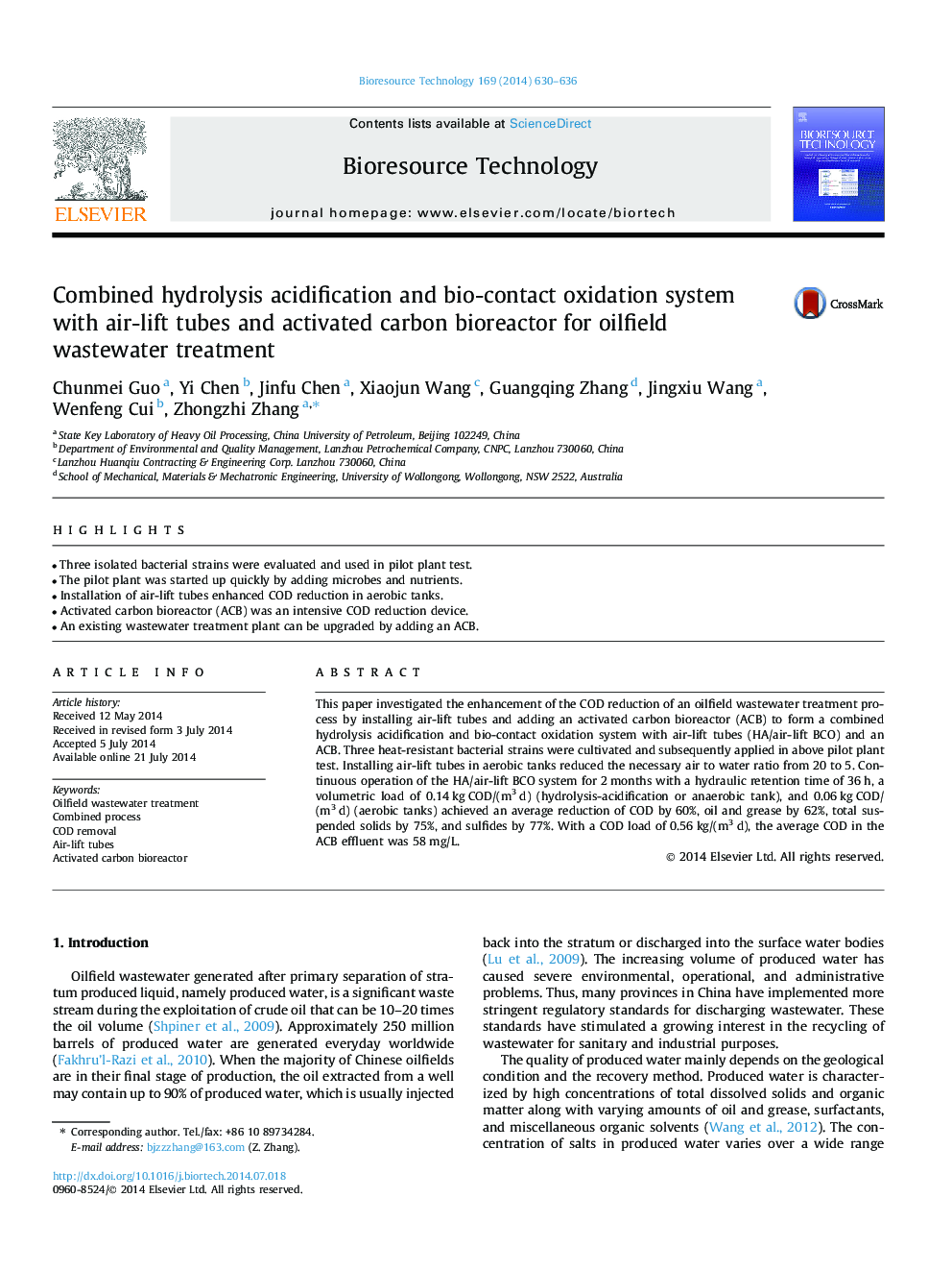 Combined hydrolysis acidification and bio-contact oxidation system with air-lift tubes and activated carbon bioreactor for oilfield wastewater treatment
