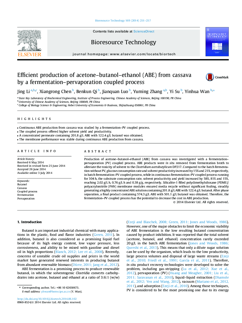 Efficient production of acetone–butanol–ethanol (ABE) from cassava by a fermentation–pervaporation coupled process