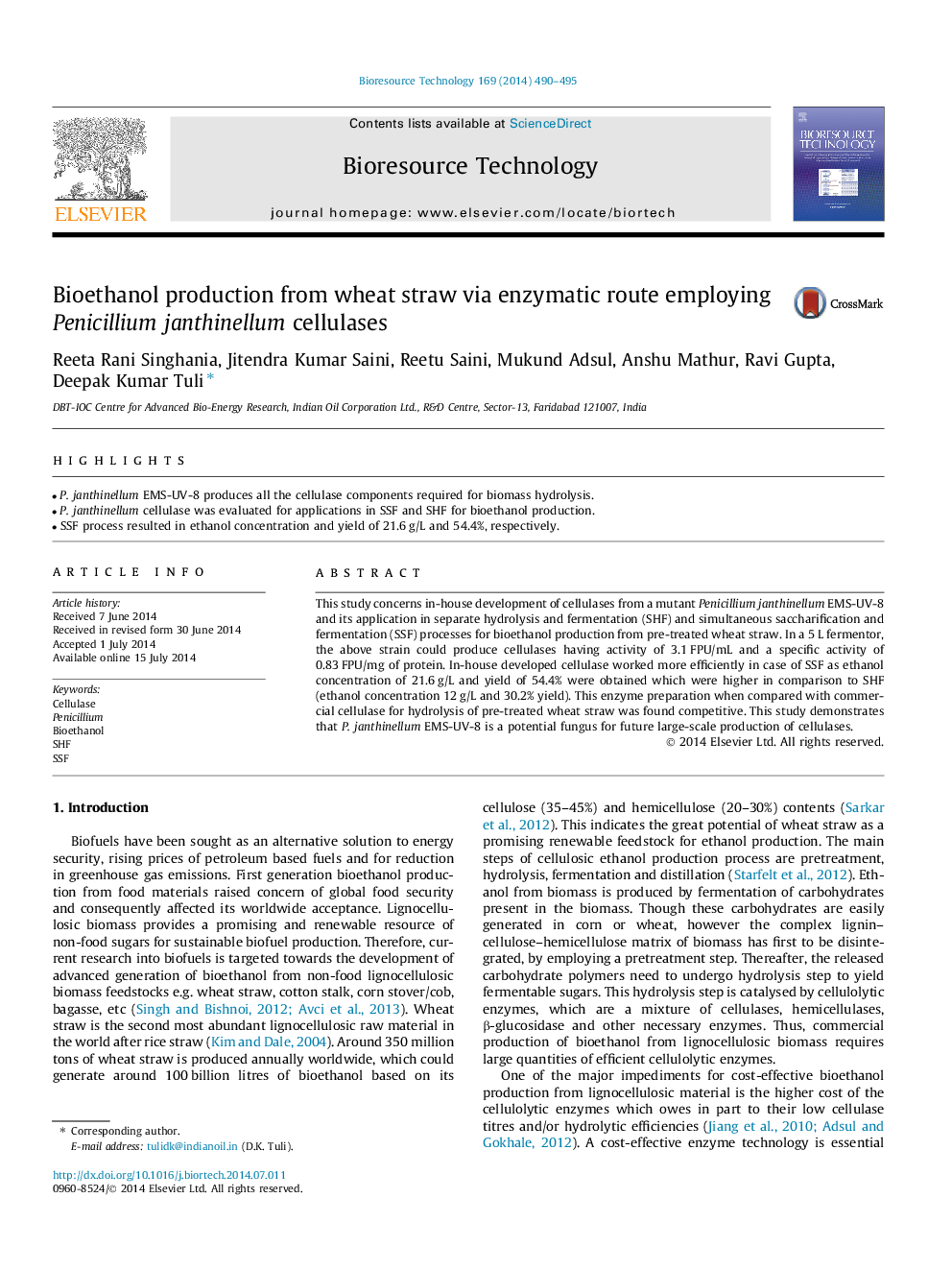 Bioethanol production from wheat straw via enzymatic route employing Penicillium janthinellum cellulases