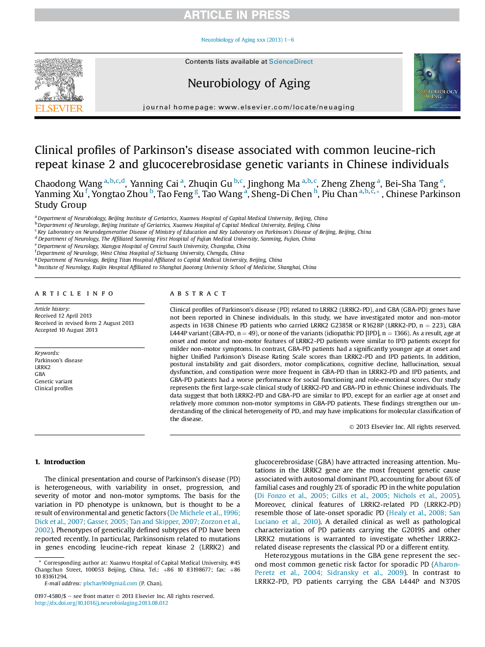 Clinical profiles of Parkinson's disease associated with common leucine-rich repeat kinase 2 and glucocerebrosidase genetic variants in Chinese individuals