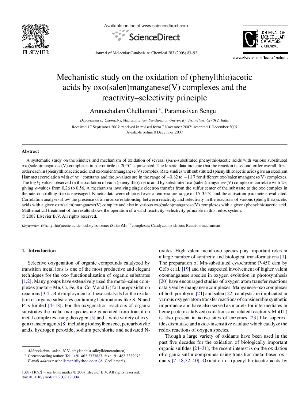 عکس صفحه اول مقاله: Mechanistic study on the oxidation of (phenylthio)acetic acids by oxo(salen)manganese(V) complexes and the reactivity–selectivity principle Mechanistic study on the oxidation of (phenylthio)acetic acids by oxo(salen)manganese(V) complexes and the reactivity–selectivity principle